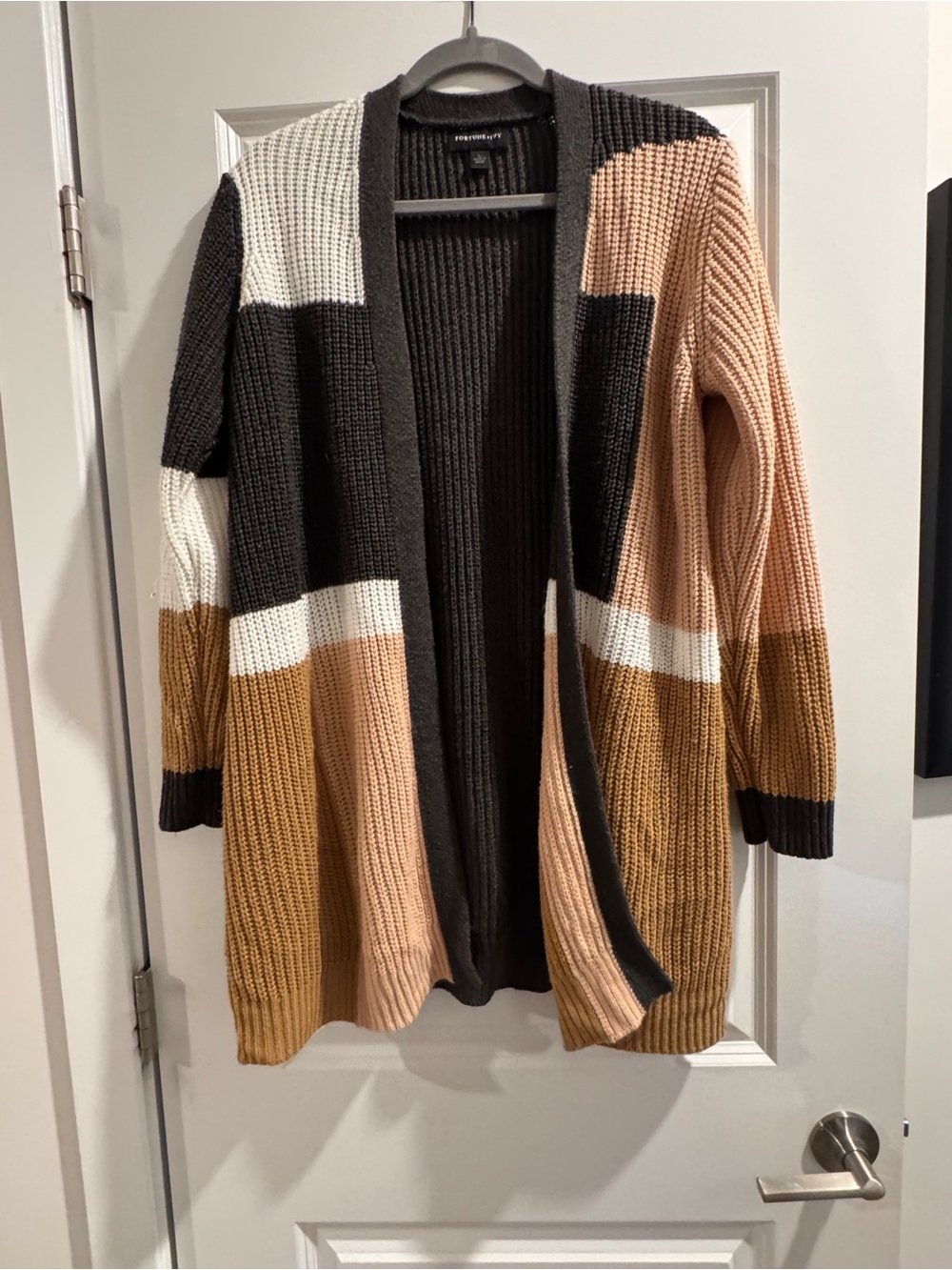 Colorblock Open-Front Women's Cardigan Sweater - Black, Cream & Tan